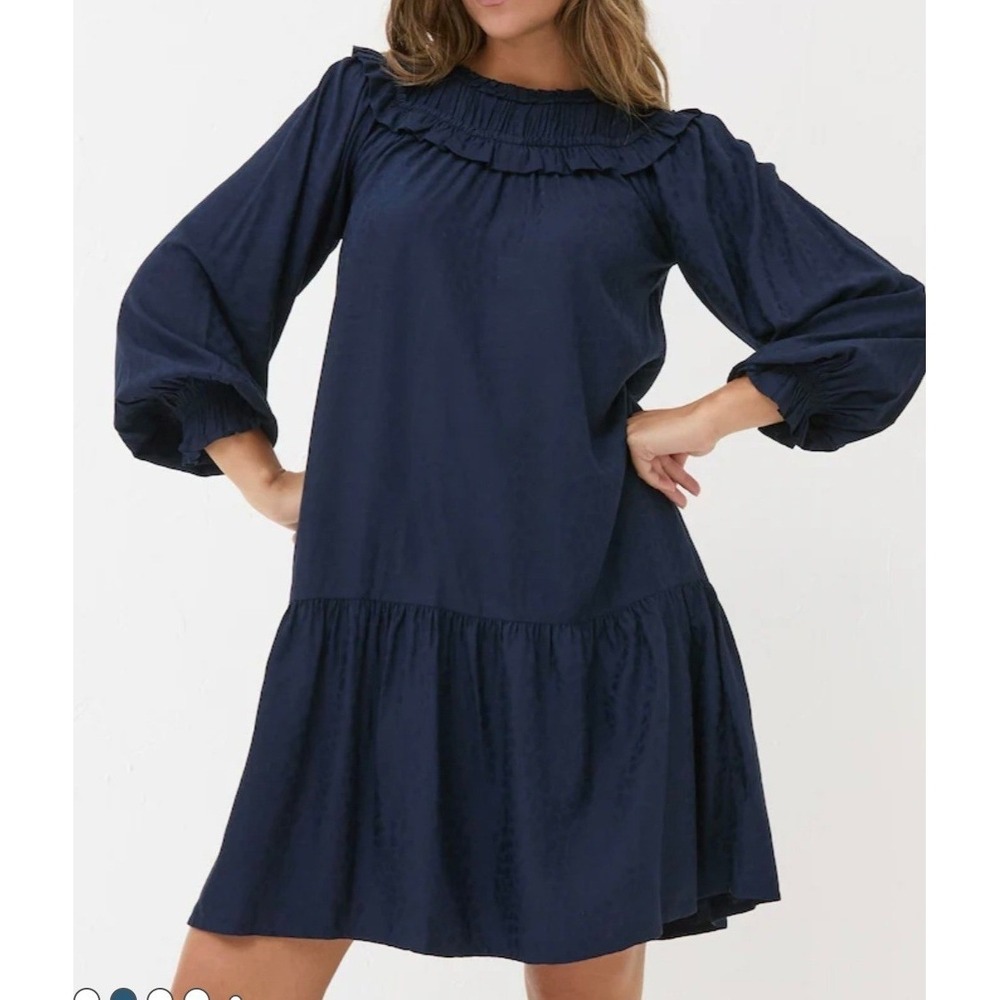 Fatface Dark Navy‎ Mika Jacquard Ruffle Neck Long Sleeve Tiered Midi Dress Sz 8